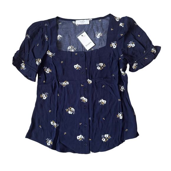 Elodie Women's Size XS Navy Blue Floral Puff Sleeve Button Up Blouse Top NWT - Picture 2 of 9